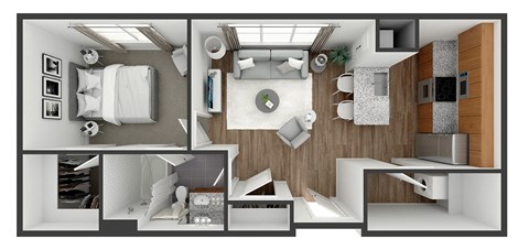 Floor plan for 1 bed, 1 bath, 703 sqft